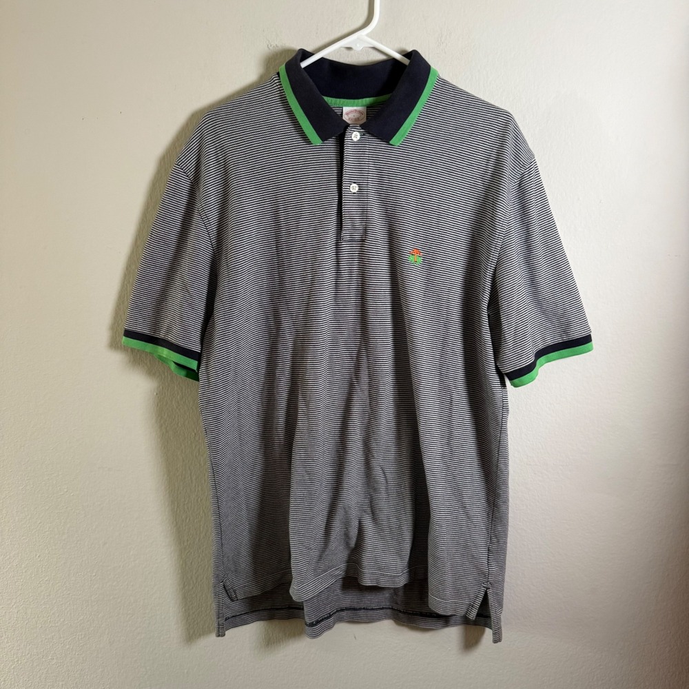 Brooks Brothers Performance Polo Mens Large Navy White Striped Green Trim Cotton